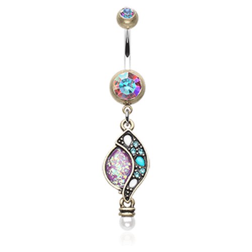 Vintage Boho Opal Sparkle Journey Belly Button Ring Navel Ring Impulse Piercings Brass/Aurora Borealis/Purple