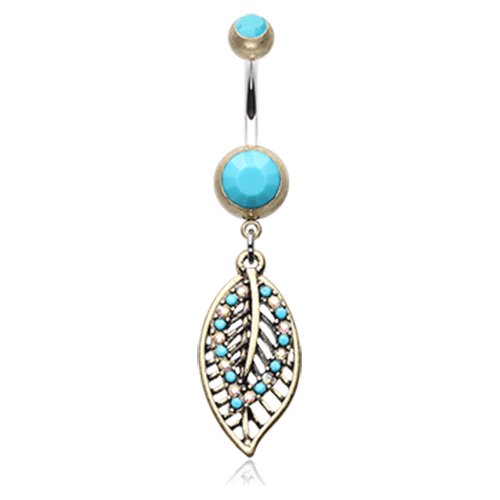 Vintage Boho Ornate Leaflets Belly Button Ring Navel Ring Impulse Piercings Brass/Turquoise