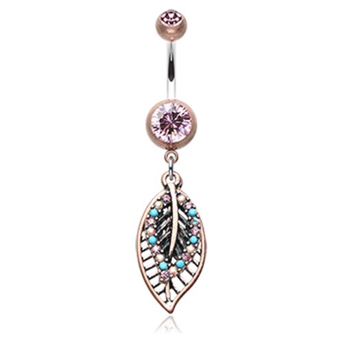 Vintage Boho Ornate Leaflets Belly Button Ring Navel Ring Impulse Piercings Copper/Pink