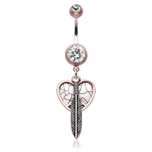 Vintage Boho Peace Heart with Feather Belly Button Ring Navel Ring Impulse Piercings Copper/Clear/White