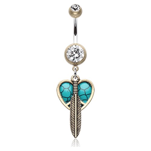 Vintage Boho Peace Heart with Feather Belly Button Ring Navel Ring Impulse Piercings Brass/Clear/Turquoise