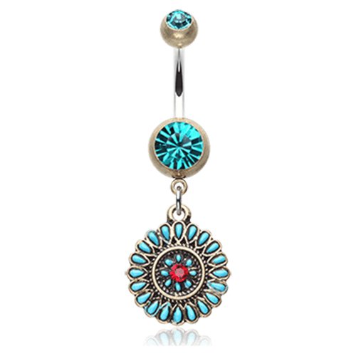 Vintage Boho Sahasrara Chakra Belly Button Ring Navel Ring Impulse Piercings Brass/Teal/Red