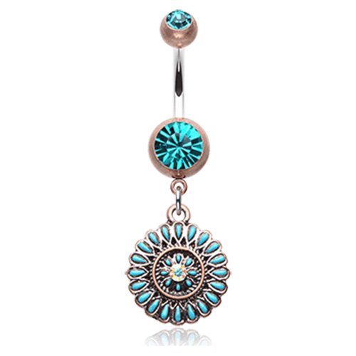 Vintage Boho Sahasrara Chakra Belly Button Ring Navel Ring Impulse Piercings Copper/Teal/Aurora Borealis