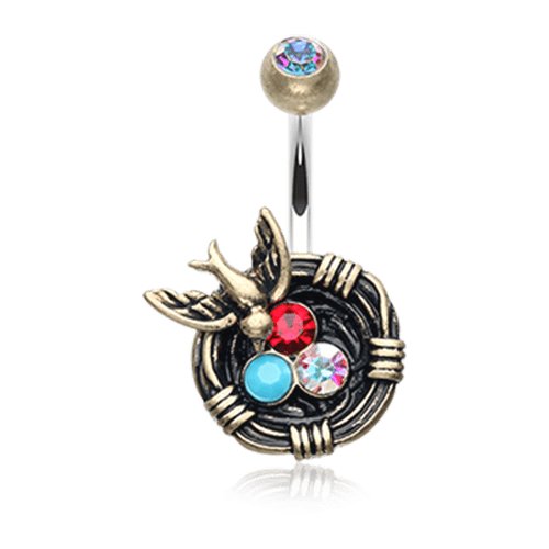 Vintage Boho Sparrow Birdnest Belly Button Ring Navel Ring Impulse Piercings Brass/Aurora Borealis/Turquoise