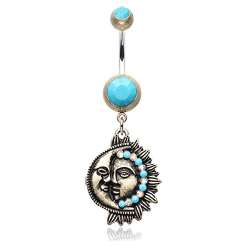 Vintage Boho Sun & Moon Belly Button Ring Navel Ring Impulse Piercings Brass/Turquoise