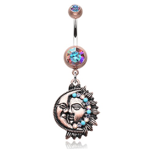 Vintage Boho Sun & Moon Belly Button Ring Navel Ring Impulse Piercings Copper/Aurora Borealis