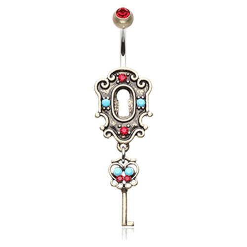 Vintage Boho Victorian Lock and Key Belly Button Ring Navel Ring Impulse Piercings Brass/Red/Turquoise