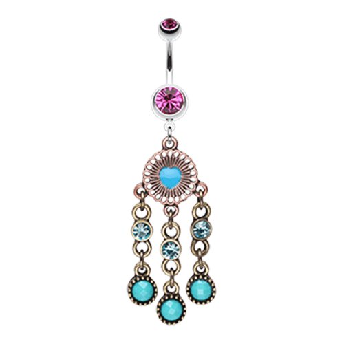 Vintage Heart Shield Turquoise Belly Button Ring Navel Ring Impulse Piercings Fuchsia