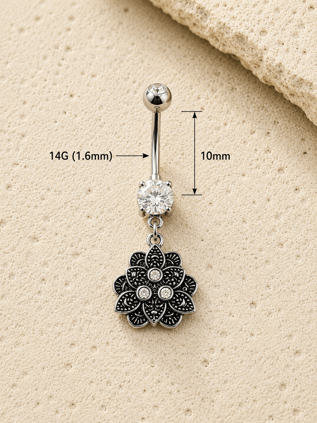Vintage Lotus Dangle Navel Ring 14G CZ 316L Stainless Steel