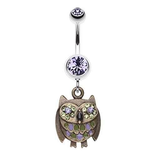 Vintage Owl Sparkle Belly Button Ring Navel Ring Impulse Piercings Tanzanite