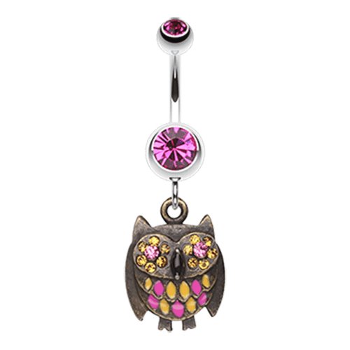 Vintage Owl Sparkle Belly Button Ring Navel Ring Impulse Piercings Fuchsia