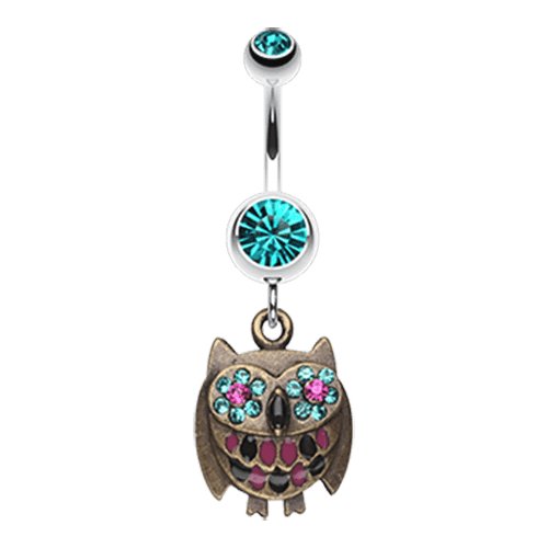 Vintage Owl Sparkle Belly Button Ring Navel Ring Impulse Piercings Teal