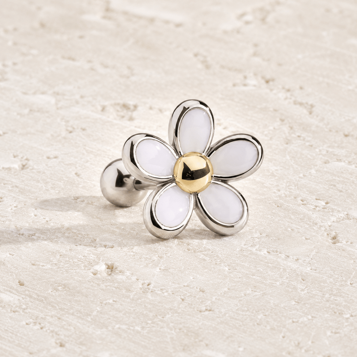 White Daisy Cartilage Earring 16G Gold Ball Steel
