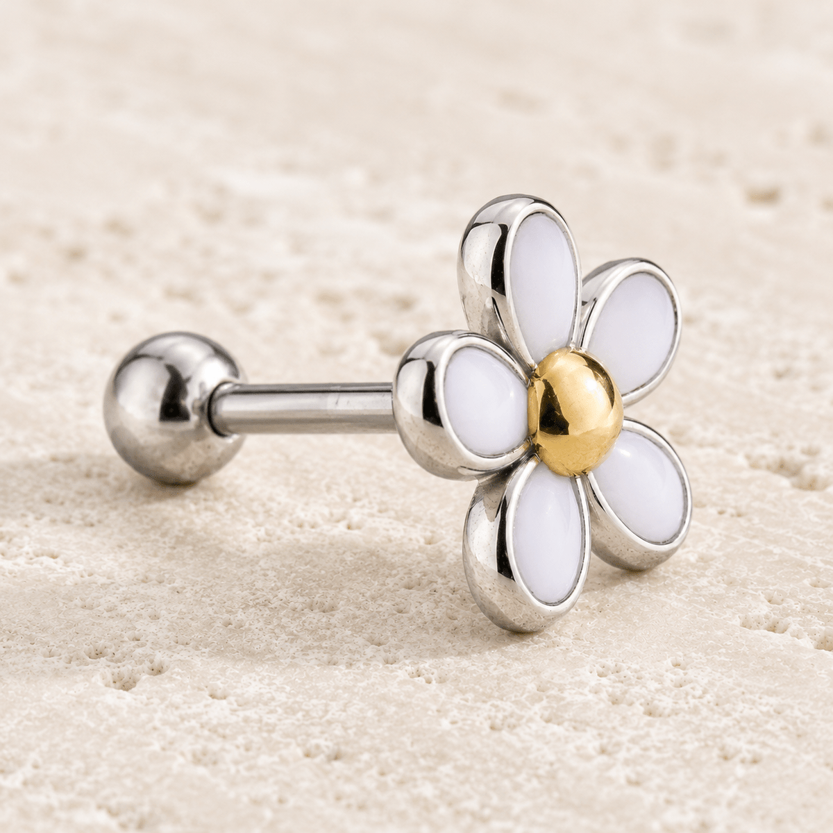 White Daisy Cartilage Earring 16G Gold Ball Steel
