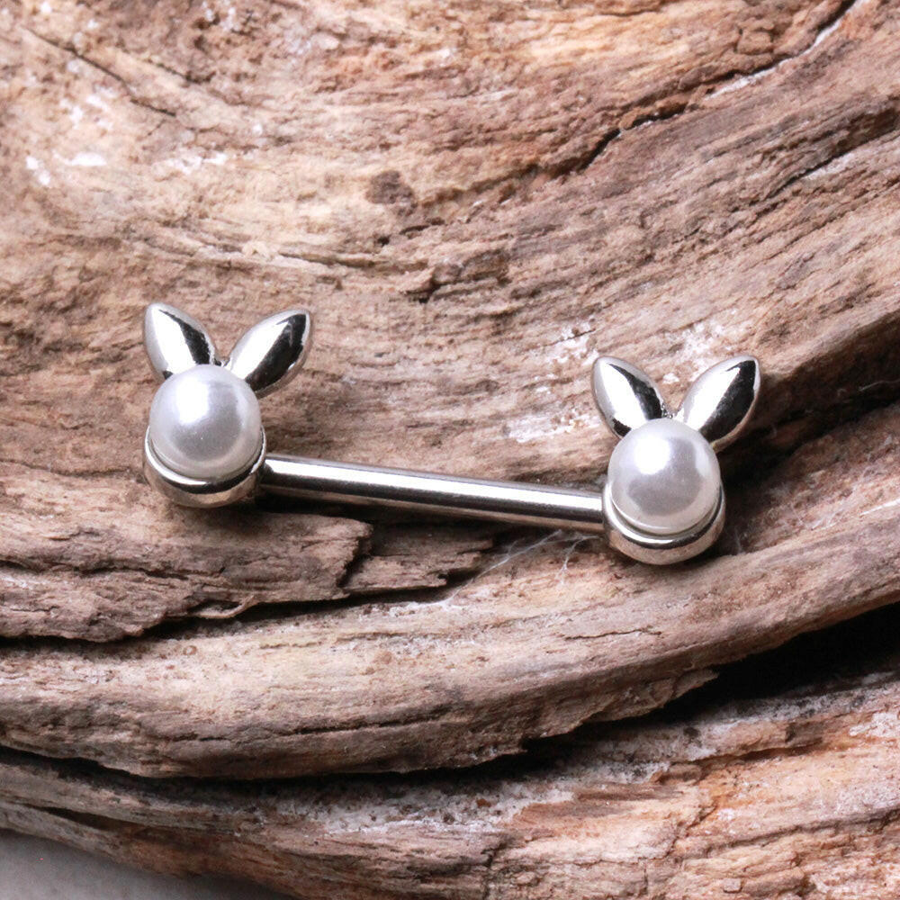 White Faux Pearl Bunny Nipple Bar Nipple Ring Impulse Piercings