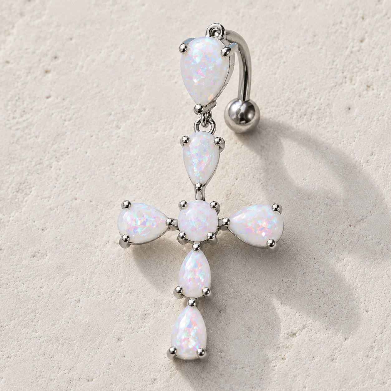 White Opal Cross Top Down Navel Ring 14G 316L Stainless Steel
