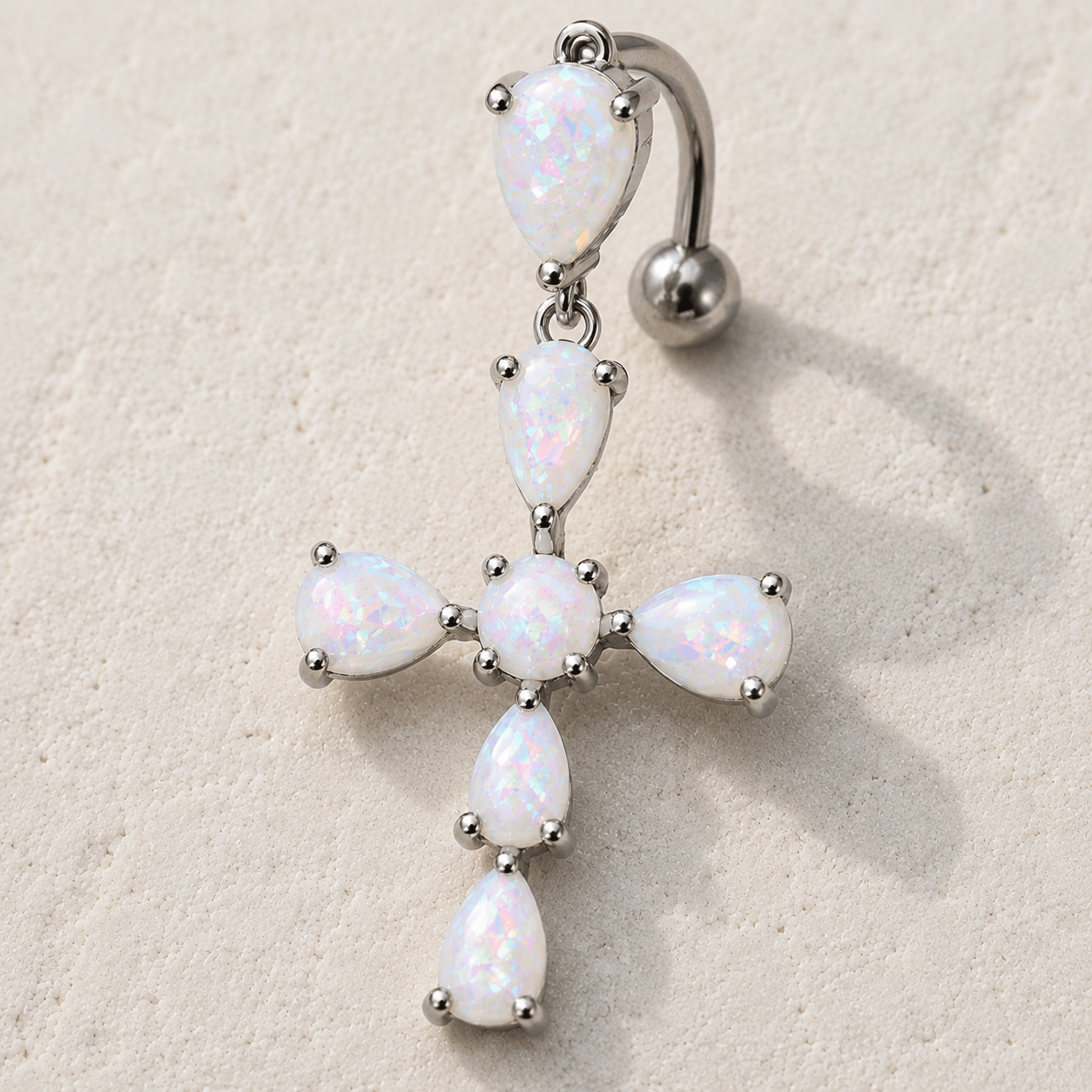 White Opal Cross Top Down Navel Ring 14G 316L Stainless Steel