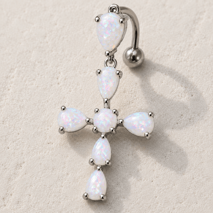 White Opal Cross Top Down Navel Ring 14G 316L Stainless Steel