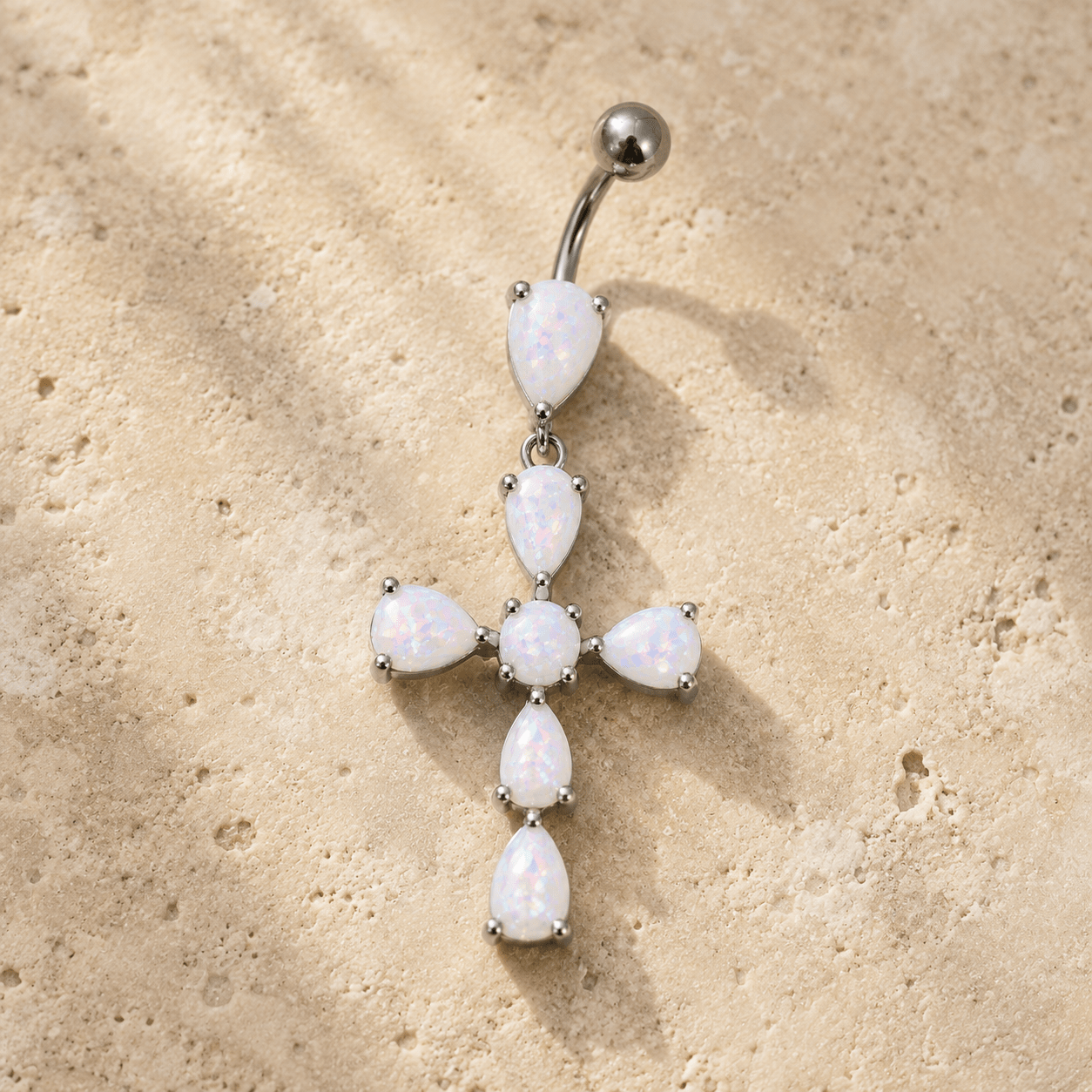 White Opal Cross Top Down Navel Ring 14G 316L Stainless Steel