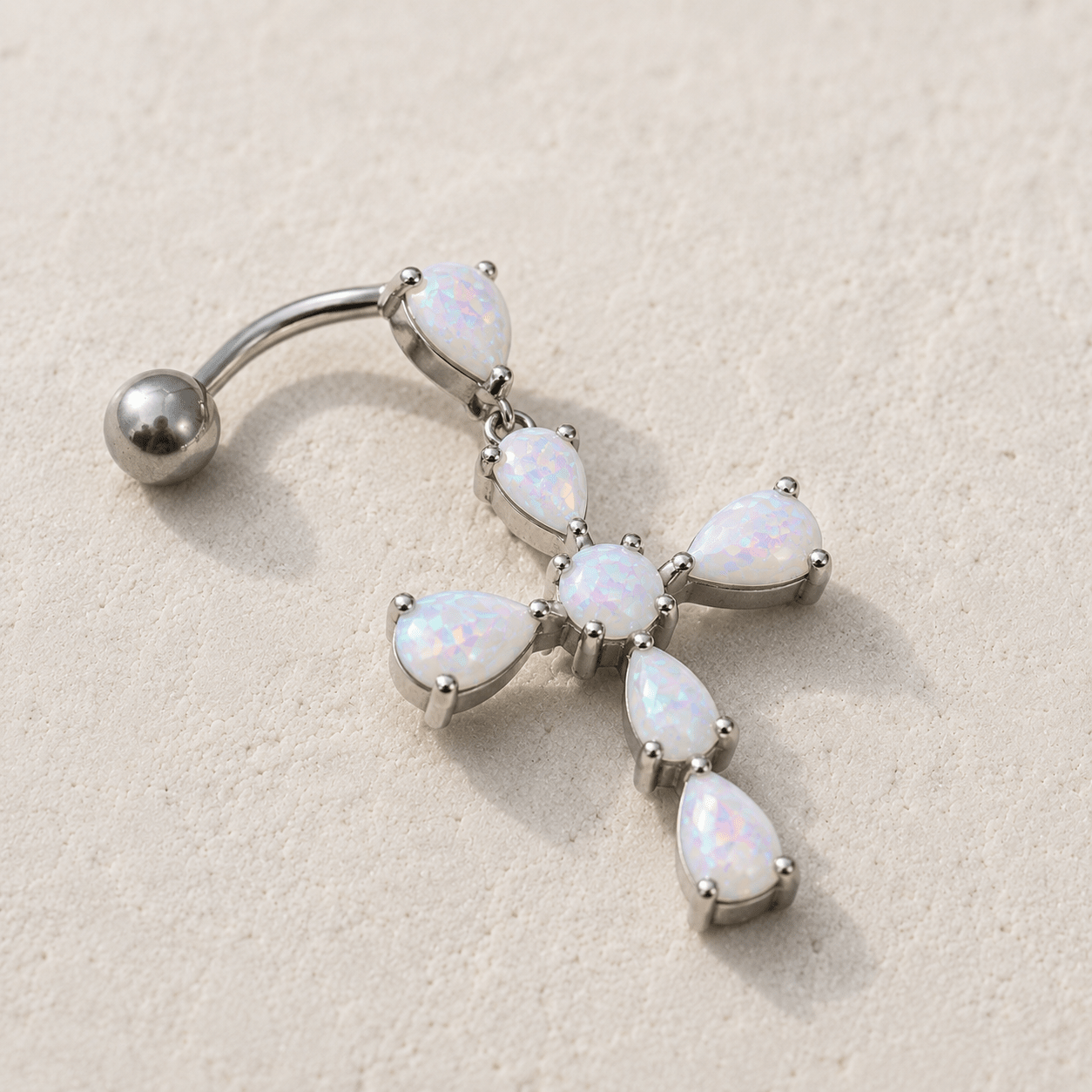 White Opal Cross Top Down Navel Ring 14G 316L Stainless Steel
