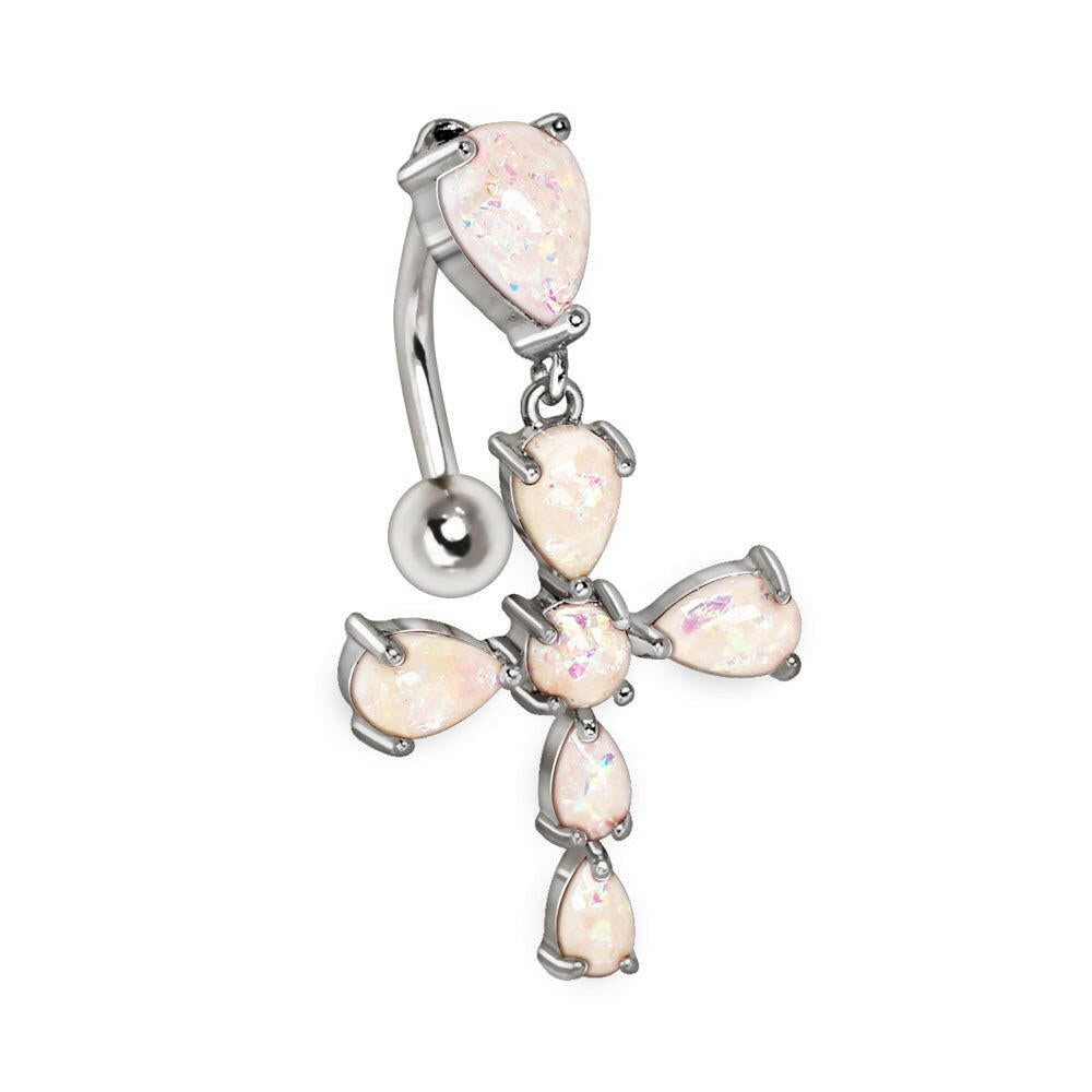 White Opal Cross Top Down Navel Ring 14G 316L Stainless Steel