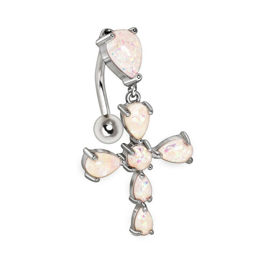 White Opal Cross Top Down Navel Ring 14G 316L Stainless Steel
