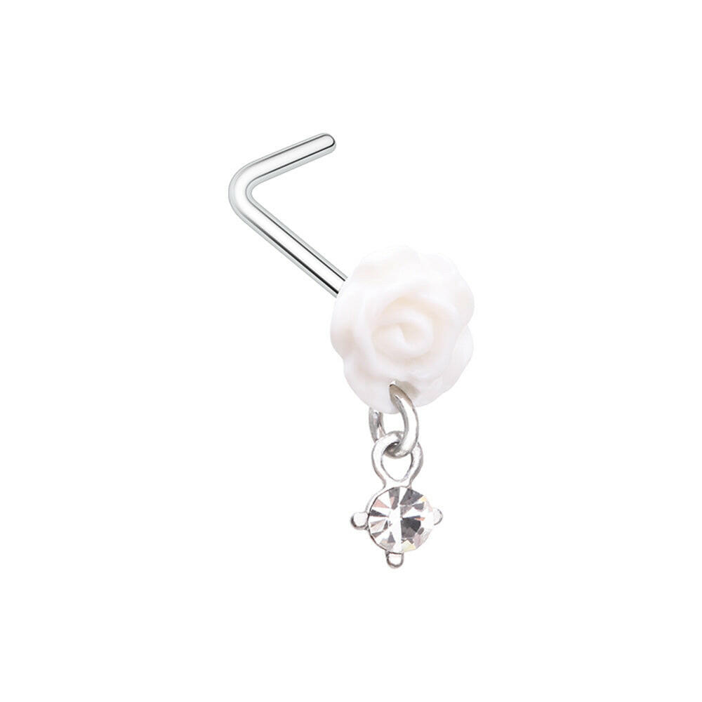 White Rose Dangle Gem L-Shaped Nose Ring Impulse Piercings