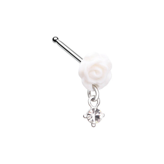 White Rose Dangle Gem Nose Stud Ring Impulse Piercings