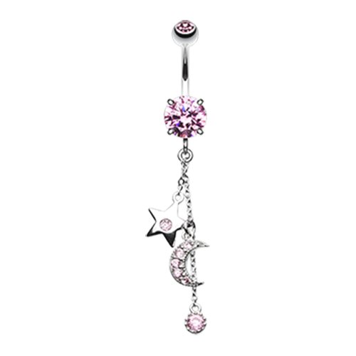 Wishing Star and Moon Cubic Zirconia Belly Button Ring Navel Ring Impulse Piercings Pink