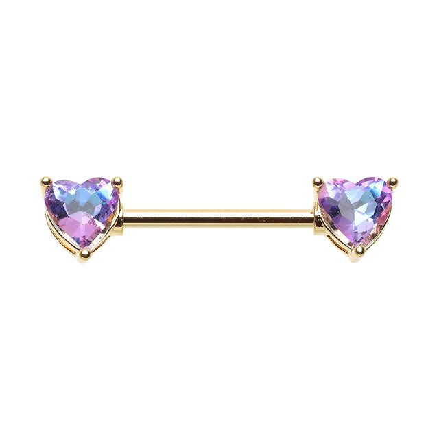 Golden Cubic CZ Iridescent Double Heart Gem Nipple Barbell Ring Nipple Ring Skin Metals