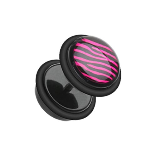 Zebra Acrylic Top Fake Plug Earrings with O-Rings Fake Plug Earrings Impulse Piercings 16 GA (1.2mm) Pink/Black