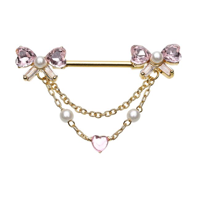Golden Push Pin Bow Heart Drop Dangle Chain Nipple Barbell Ring Nipple Ring Skin Metals