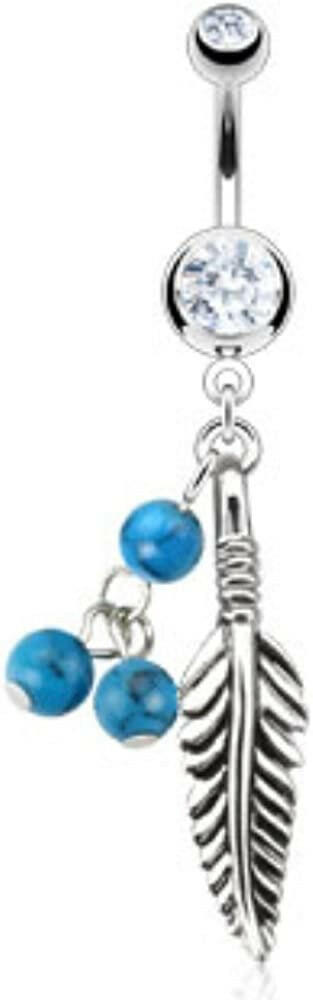 Surgical Steel Feather with Blue Turquoise Semi Precious Stone Beads Belly Navel Ring Navel Ring Impulse Piercings Clear