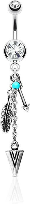 Surgical Steel Turquoise and Tribal Feather and Arrows Dangle Double Jeweled Belly Navel Ring Navel Ring Impulse Piercings Clear