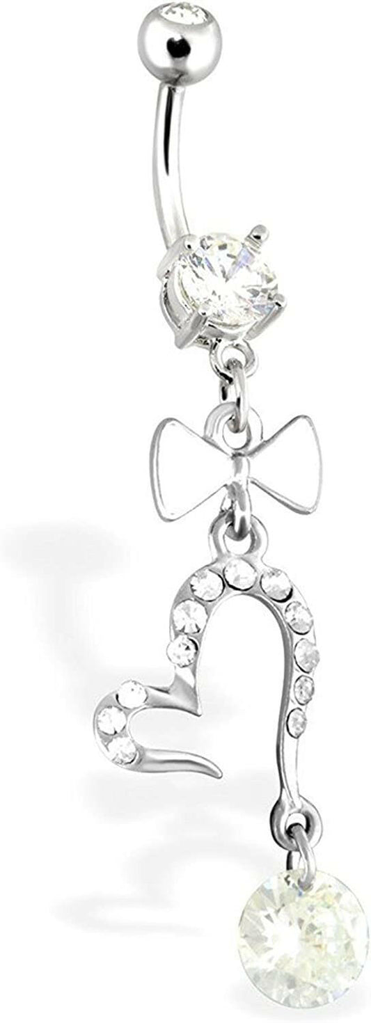 Surgical Steel Open Heart with Large Gem and White Enamel Bow Tie Dangle Belly Navel Ring Navel Ring Impulse Piercings