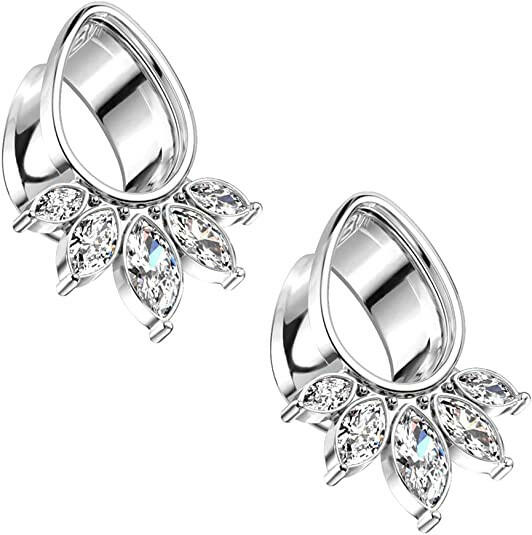 Surgical Steel 5 Marquise CZ Fan Tear Drop Double Flare Tunnel Plugs Impulse Piercings 0GA (8mm) Steel