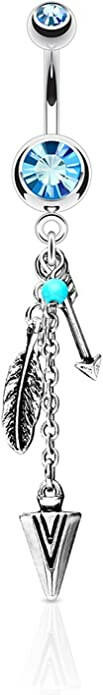 Surgical Steel Turquoise and Tribal Feather and Arrows Dangle Double Jeweled Belly Navel Ring Navel Ring Impulse Piercings Aqua