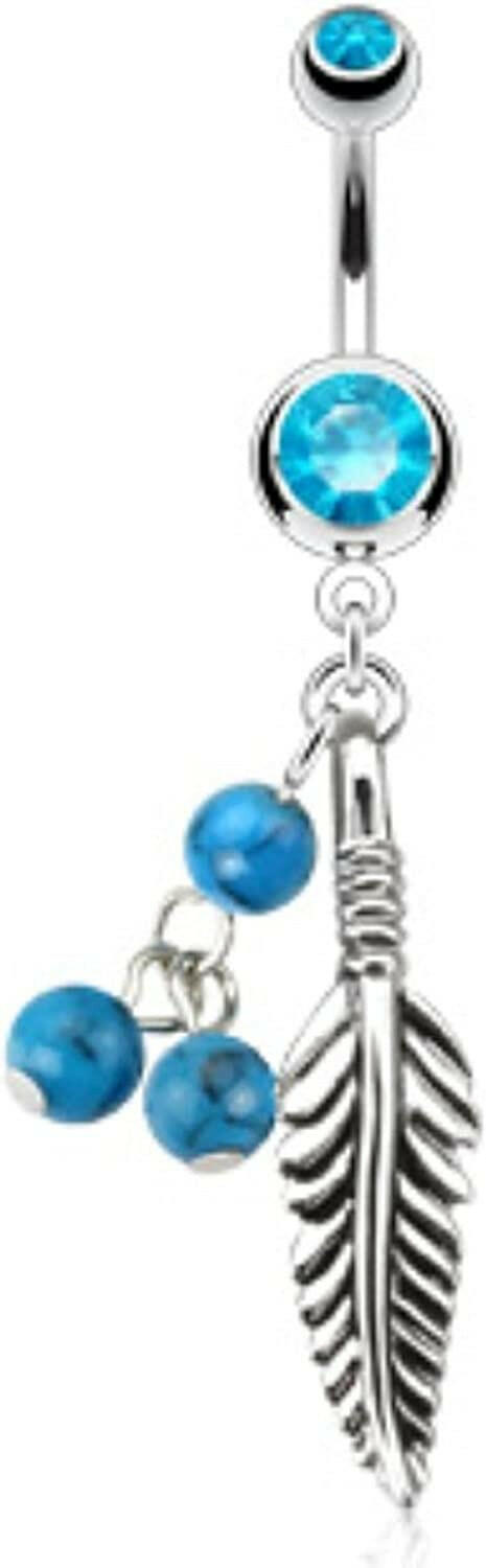 Surgical Steel Feather with Blue Turquoise Semi Precious Stone Beads Belly Navel Ring Navel Ring Impulse Piercings Aqua