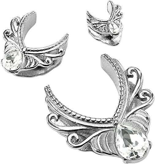 Surgical Steel Floral Filigree V Shaped with Teardrop Centered CZ Saddle Spreader Plugs Impulse Piercings 00GA (10mm)