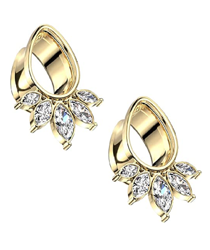 Surgical Steel 5 Marquise CZ Fan Tear Drop Double Flare Tunnel Plugs Impulse Piercings 0GA (8mm) Gold