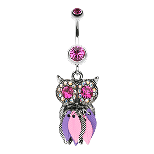 Vibrant Owl Feather Sparkle Belly Button Ring Navel Ring Impulse Piercings Fuchsia