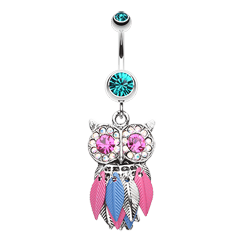 Vibrant Owl Feather Sparkle Belly Button Ring Navel Ring Impulse Piercings Teal