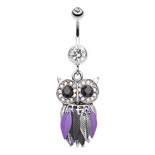 Vibrant Owl Feather Sparkle Belly Button Ring Navel Ring Impulse Piercings Clear